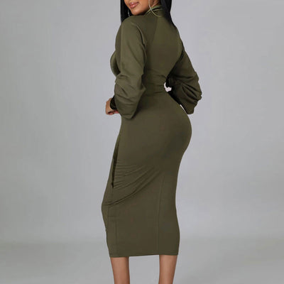 Velvet Patchwork Long Sleeve Zipper Design Midi Dress