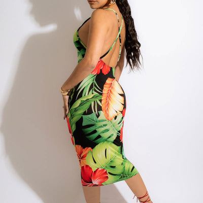 Leaf Print Spaghetti Strap Midi Dress