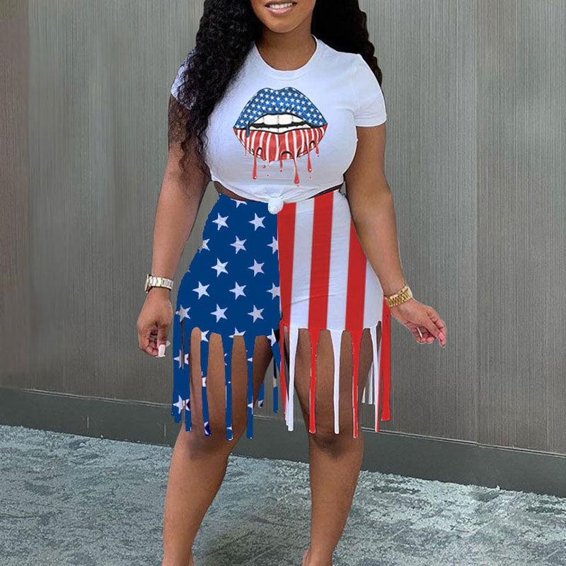 Lips & Flag Print Tassel Design 2PCS Shorts Set