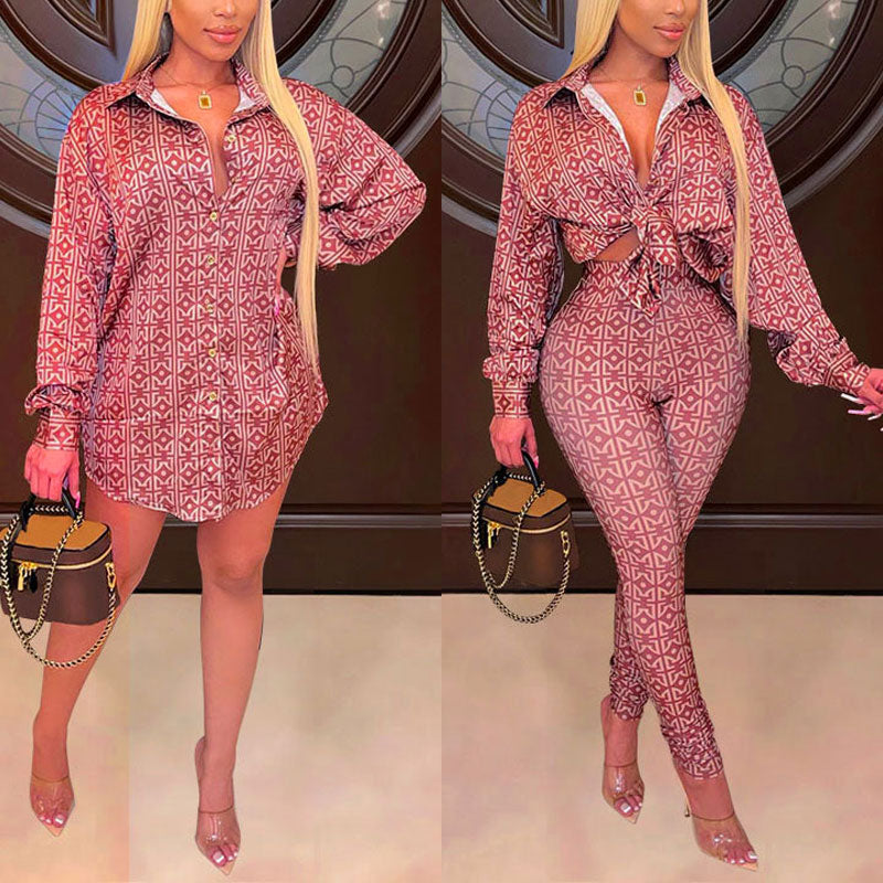 Print Long Sleeve Knotted Loose Blouse & Pants Set