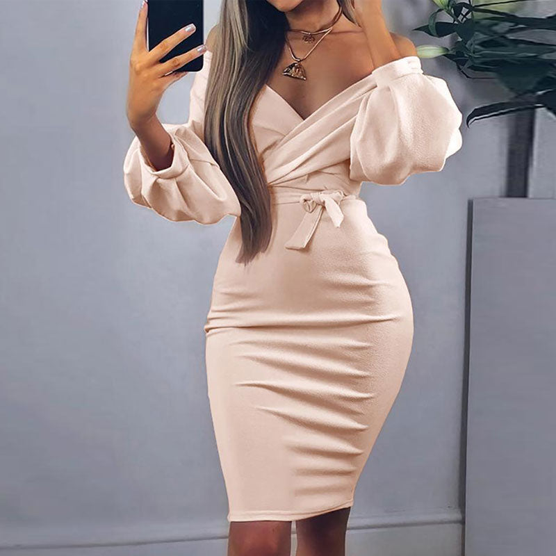 Solid Off Shoulder Lantern Sleeve Bodycon Dress