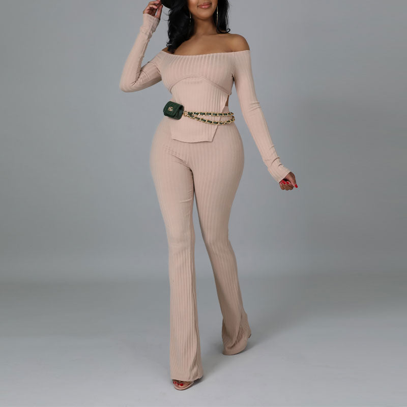 Solid Off Shoulder Long Sleeve Top & Pants Set