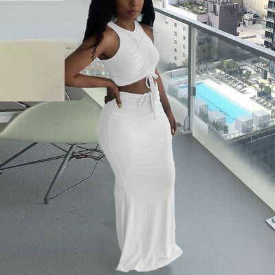 Solid Sleeveless Drawstring Crop Top & Skirt Set
