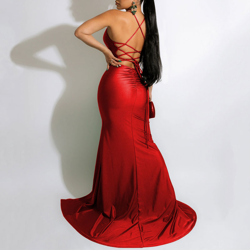 Solid Sleeveless Bandage High Slit Floor-Length Dress