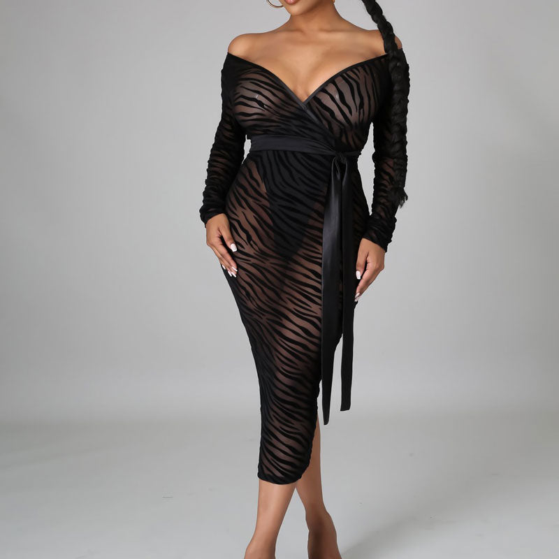 Print Deep V-Neck Long Sleeve Sheer Mesh Belted Midi Dress