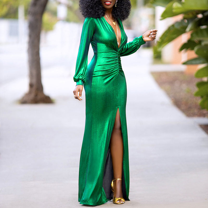 Solid Deep V-Neck Long Sleeve High Slit Maxi Dress