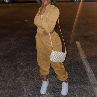 Solid Long Sleeve Bodysuit & Pocket Design Pants Set