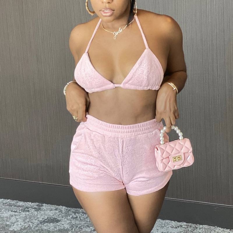 Solid Deep V-Neck Halter Bandage Two Piece Set