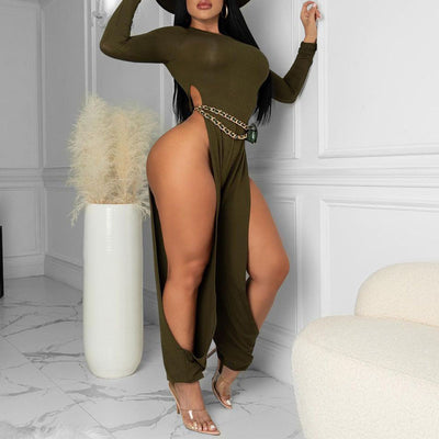 Solid Long Sleeve High Slit Jumpsuit