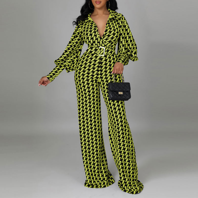 Houndstood Print Lantern Sleeve Belted Jumpsuit