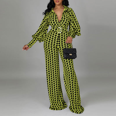 Houndstood Print Lantern Sleeve Belted Jumpsuit