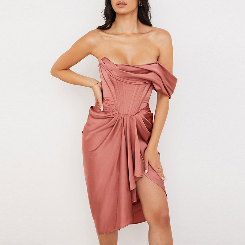 Solid Off Shoulder Corset Design Mini Dress