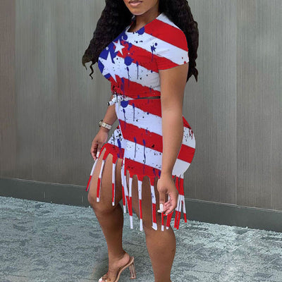 Lips & Flag Print Tassel Design 2PCS Shorts Set