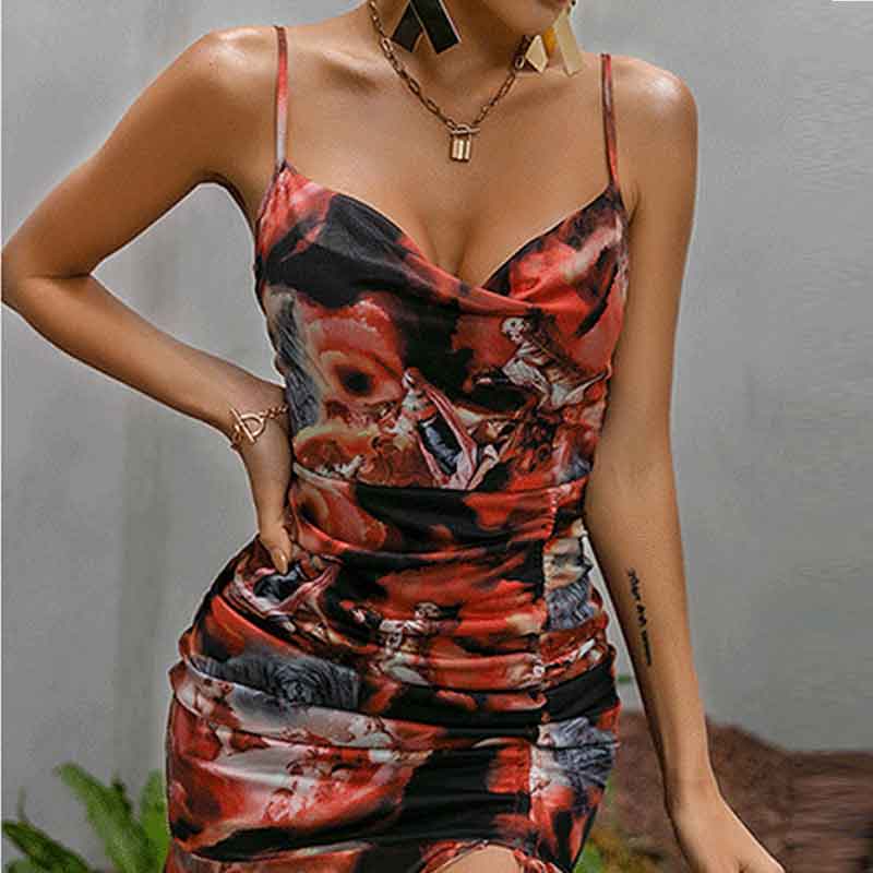 Print Sleeveless Spaghetti Strap Ruched Dress