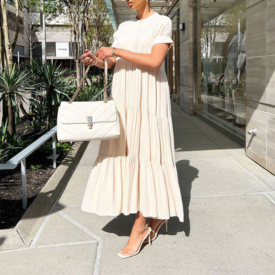 Solid Short Sleeve Pleated Maxi Shirt Dress