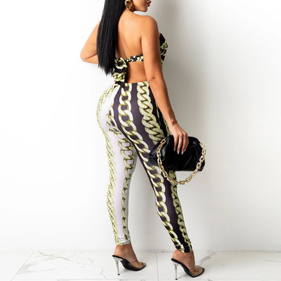 Chains Pattern Off Shoulder Tube Top & Pants Set