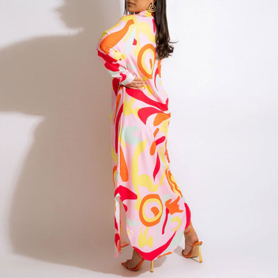 Print Long Sleeve Asymmetrical Maxi Shirt Dress
