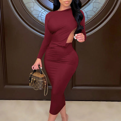 Solid Long Sleeve Slit Backless Top & Skirt Set