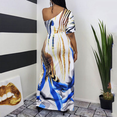 Print One Shoulder Half Sleeve Maxi Dress