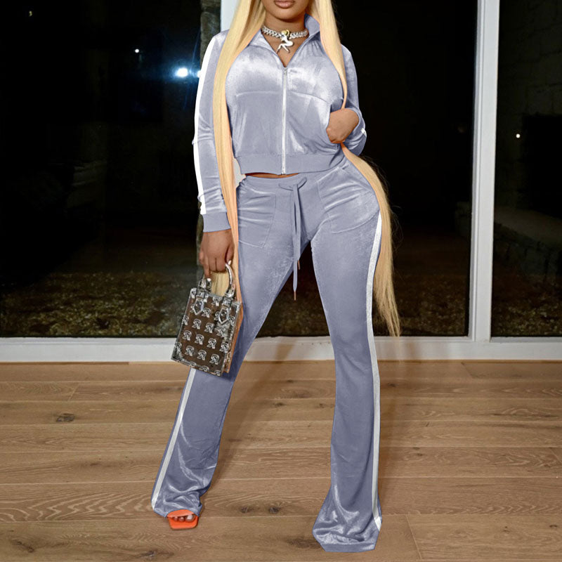 Colorblock Long Sleeve Velvet Top & Pants Set