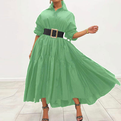 Solid Turndown Neck Long Sleeve Loose Dress Without Belt