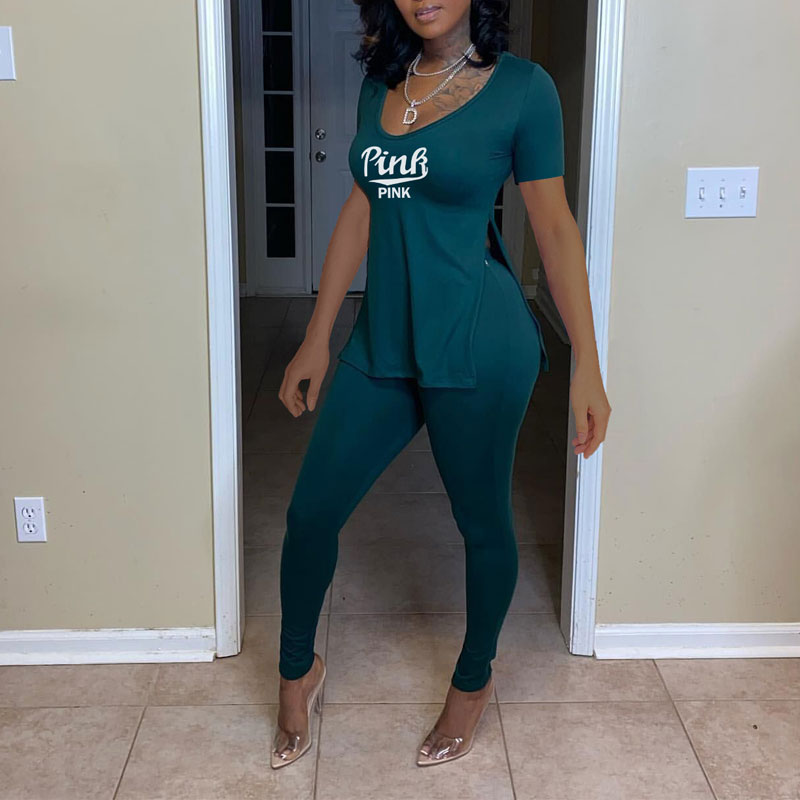 Letter Print Short Sleeve Slit Top & Pants Set