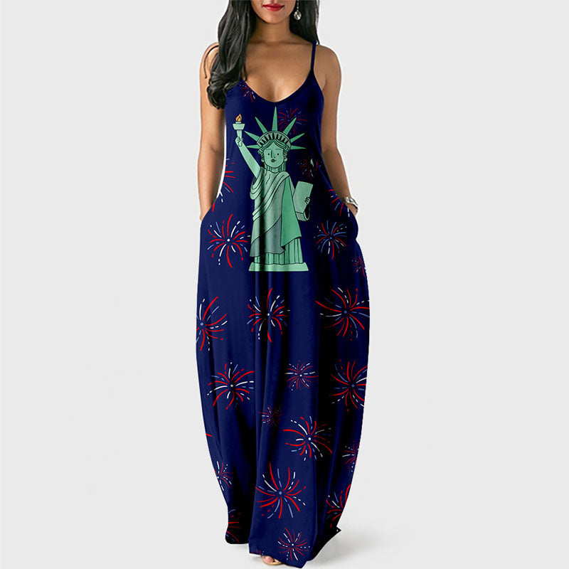 Independence Day Letter Print Sleeveless Loose Maxi Dress