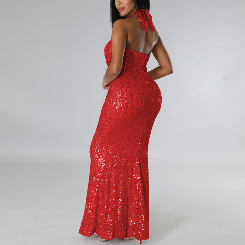 Sequins Halter Sleeveless Mermaid Evening Dress
