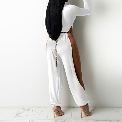 Solid Long Sleeve High Slit Jumpsuit