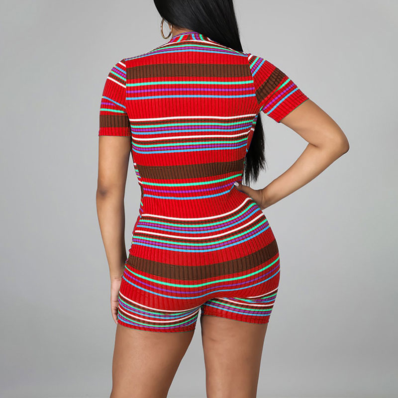 Striped Deep V-Neck Short Sleeve Romper