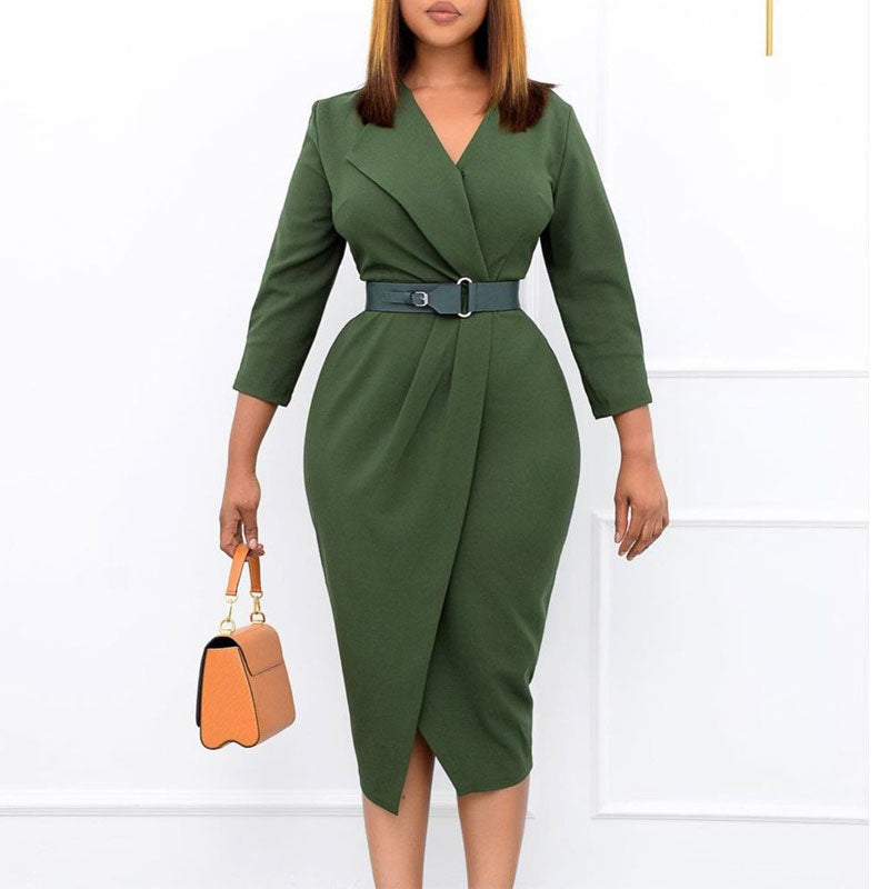 Solid V-Neck Long Sleeve Belted Midi Dress
