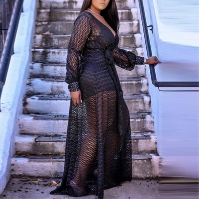 Solid Deep V-Neck Long Sleeve Two Piece Dress Set