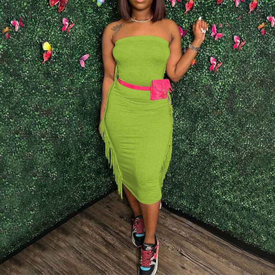 Solid Off Shoulder Tassel Design Midi Dress