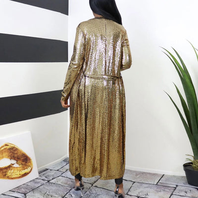 Solid V-Neck Long Sleeve Belted Dress