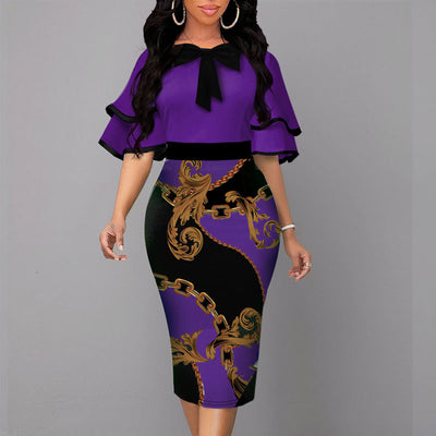 Chain Print Bowknot Decoration Ruffle Design Midi Dress