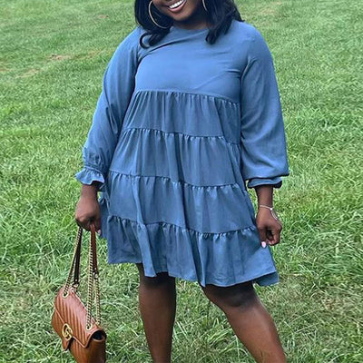 Solid Round Neck Long Sleeve Plus Size Casual Dress