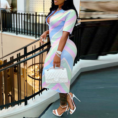 Striped Deep V-Neck Short Sleeve Midi Dress