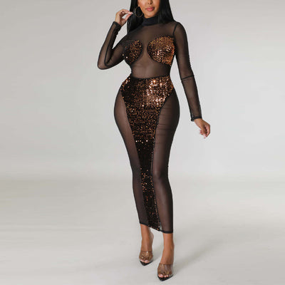 Sequins Long Sleeve Sheer Mesh Maxi Dress
