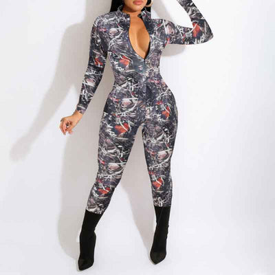 Print Long Sleeve Zipper Design Skinny Jumpsuit