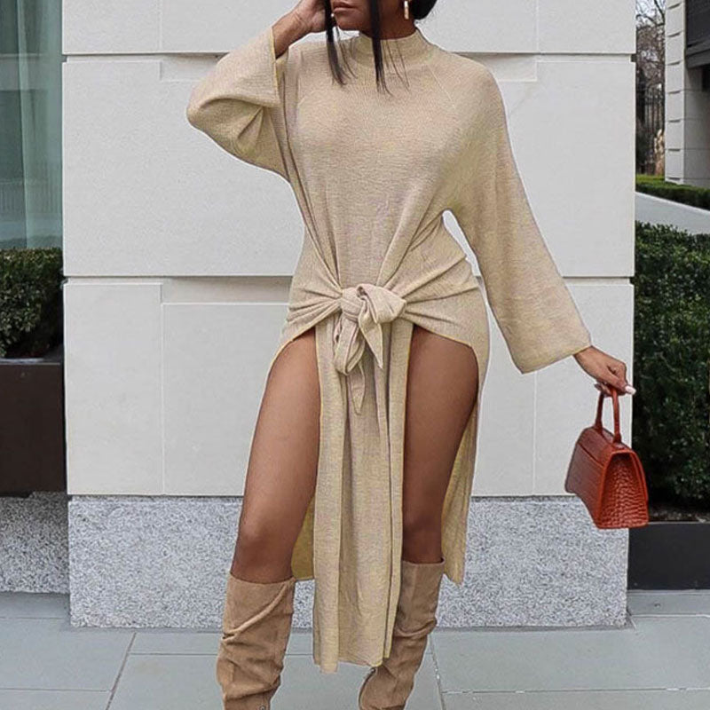 Solid Long Sleeve Tied Front Slit Casual Dress