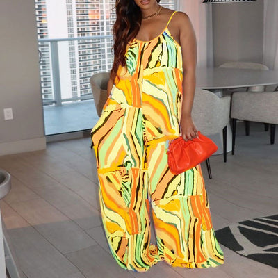 Print Sleeveless Wide Leg Loose Jumpsuit