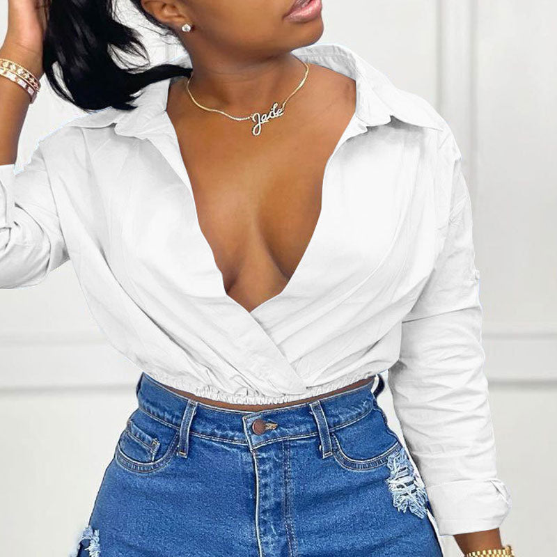 Solid Deep V-Neck Long Sleeve Blouse