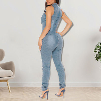 Solid Sleeveless Button Detailed Denim Jumpsuit