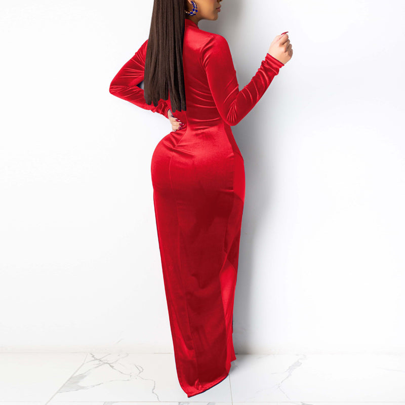 Velvet Sheer Mesh Patchwork Long Sleeve High Split Dress
