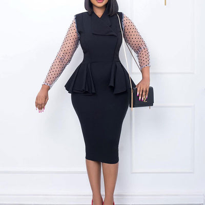 Polka Dot Print Sheer Mesh Patchwork Ruffle Design Midi Dress