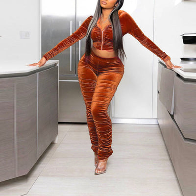 Solid Velvet Long Sleeve Hoodie Top & Ruched Pants Set
