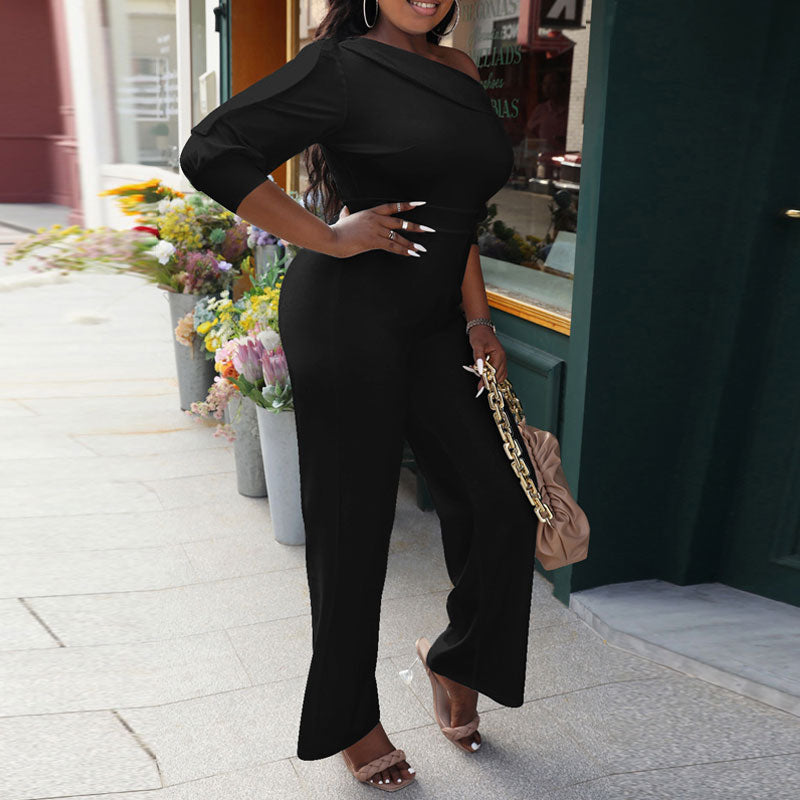 Solid One Shoulder Half Sleeve Straight-Leg Jumpsuit