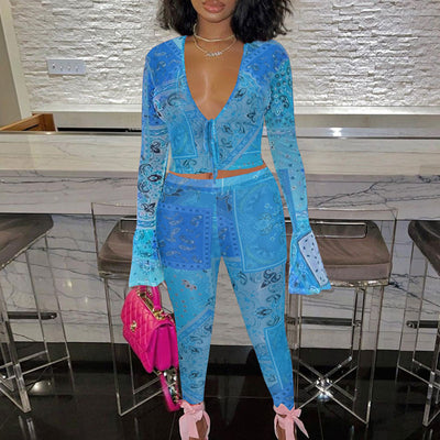 Paisley Pattern Flared Sleeve Top & Pants Set