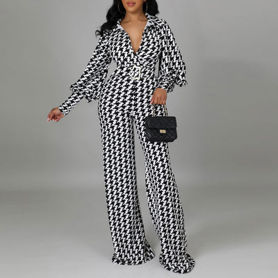 Houndstood Print Lantern Sleeve Belted Jumpsuit