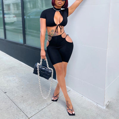Solid Short Sleeve Hollow Out Skirts Set